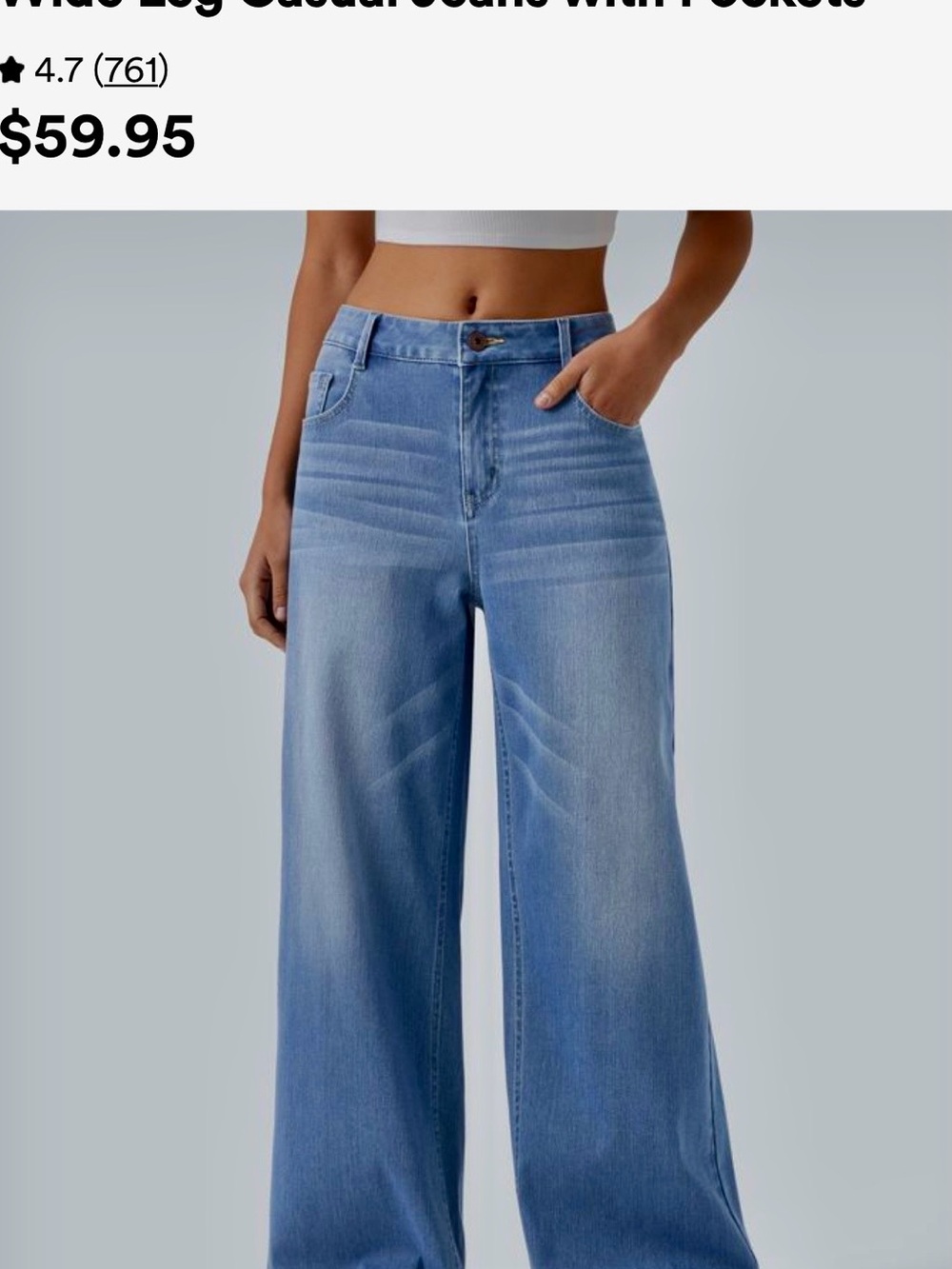 Halara Wide Leg Mid-Rise Washed Baggy Wide Leg Women Jeans - Light Blue - Large - Picture 5 of 10